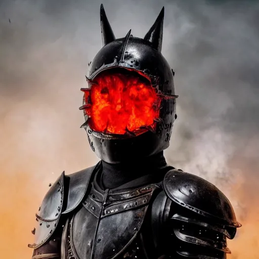 Image similar to a black knight in shining armor, a terrible mask on his face, eyes burning with red fire. a boy is standing next to him and he has a sword in his hands