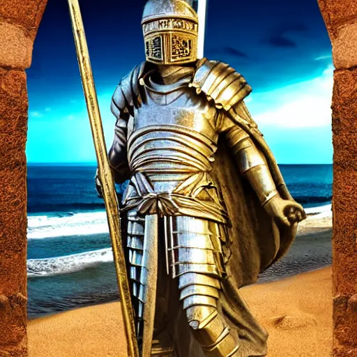 Image similar to greek statue of a Templar knight with ornate engraved armor holding his sword in a battle ready stance looking out over a Cliffside with crashing waves on the shore, synthwave, 4k