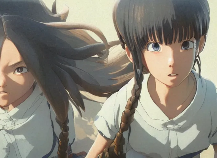 Image similar to a 3 d film animation still portrait of a 1 9 9 5's manga heroine, finely detailed features, sun light, painted by greg rutkowski, akira toriyama studio ghibli