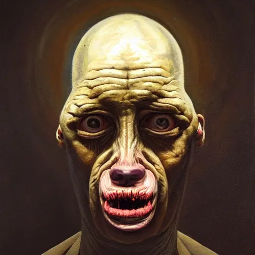 Prompt: oil painting by christian rex van minnen of a portrait of an extremely bizarre disturbing mutated man with intense chiaroscuro lighting perfect composition