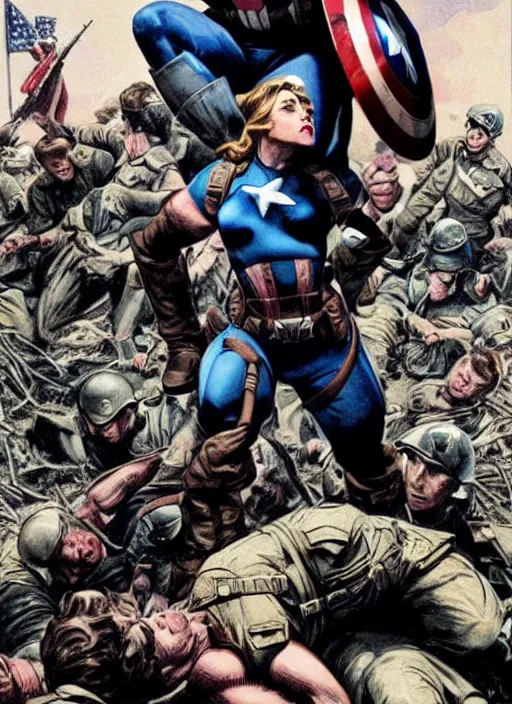 Image similar to beautiful 🦸🏾♀ female captain america standing on a pile of defeated, beaten and broken german soldiers. feminist captain america wins wwii. american wwii propaganda poster by james gurney. gorgeous face. overwatch