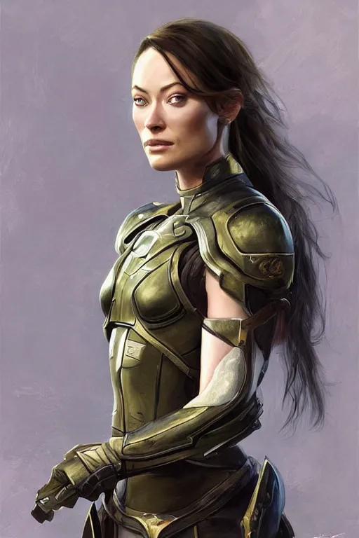 Image similar to a professional painting of a young Olivia Wilde, clothes in military armor, olive skin, long dark hair, beautiful bone structure, symmetrical facial features, intricate, elegant, digital painting, concept art, smooth, sharp focus, illustration, from StarCraft by Ruan Jia and Mandy Jurgens and Artgerm and William-Adolphe Bouguerea