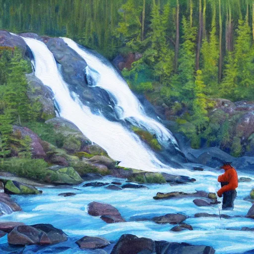 Image similar to tardigrade fishing for salmon at Brooks Falls in Alaska, landscape painting by Moran and George Caitlin