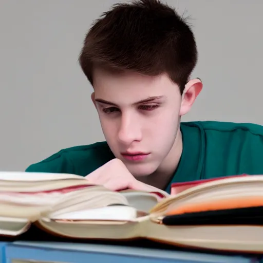 Image similar to a 1 7 years old boy, trying to study for his exams, realistic photo, hyper detailed, studio light