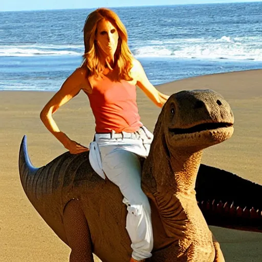 Image similar to celine dion riding a dinosaur at the beach