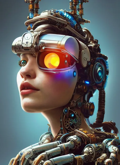 Prompt: portrait of a vr headset, robot steampunk, floral! horizon zero dawn machine, intricate, elegant, highly detailed, ray tracing, digital painting, artstation, concept art, smooth, sharp focus, illustration, art by artgerm and greg rutkowski and alphonse mucha, 8 k