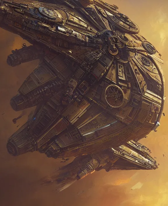 Image similar to a steampunk dieselpunk millennium falcon, intricate, elegant, highly detailed, colorful, vivid color, digital painting, artstation, concept art, art by greg rutkowski