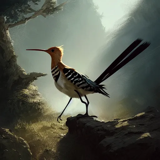Prompt: hoopoe with big open crest in avila pinewood, 4 k, concept art, by wlop, ilya kuvshinov, artgerm, krenz cushart, greg rutkowski, pixiv. cinematic dramatic atmosphere, sharp focus, volumetric lighting, cinematic lighting, studio quality