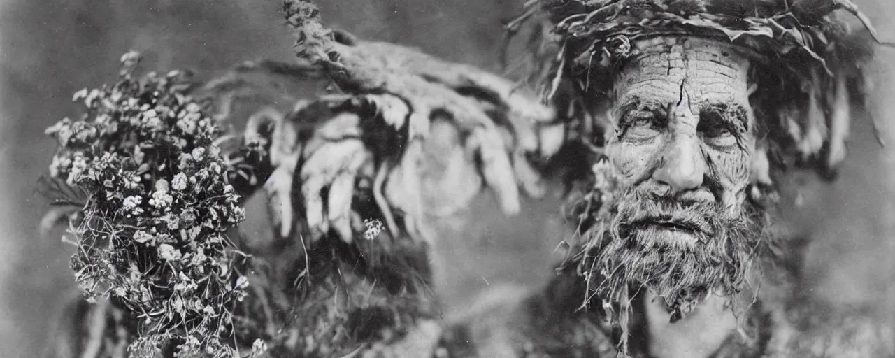 Prompt: 1920s portrait photography of an alpine old farmer transforming into a monster, edelweiss growing out of his face, goat horns on his head