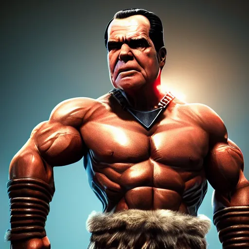 Prompt: richard nixon as an amazon warrior, muscles, muscles, 4 k, octane render, volumetric lighting, unreal engine, raytacing