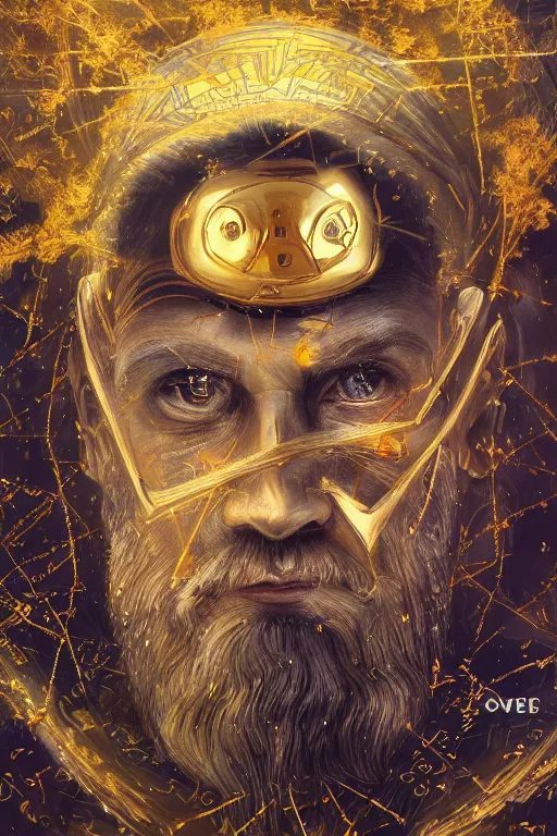 Prompt: mythological odin all father supreme God of thunder and artificial intelligence creating himself with an artificial neural network with gold synapses on an anvil with a hammer, high resolution, award winning art, trending on art station, sharp image, incredibly detailed, detailed character realistic painting