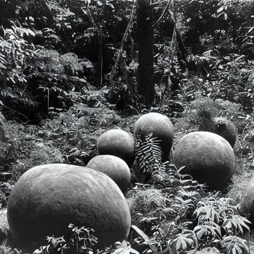 Prompt: jelly boulders in a jungle landscape, 1960s photo