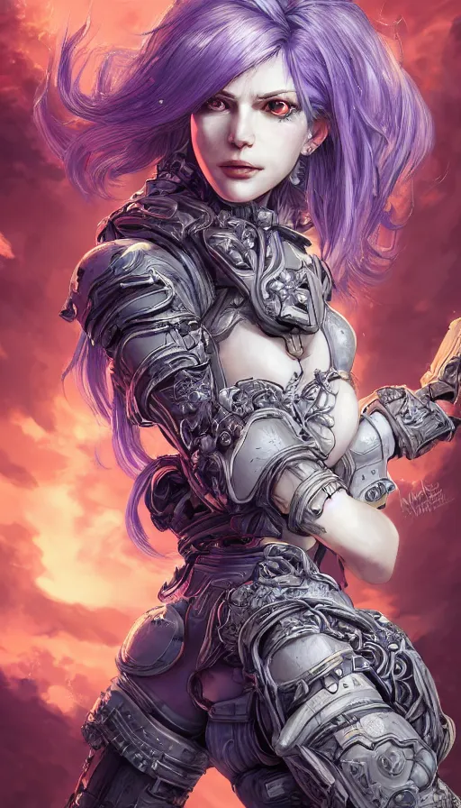 Image similar to portrait of a pale woman in power armor with flowing purple hair, elegant, stoic, intense, ultrafine hyperdetailed illustration by kim jung gi, irakli nadar, intricate linework, sharp focus, bright colors, octopath traveler, final fantasy, hearthstone, highly rendered, global illumination, radiant light, detailed, intricate environment