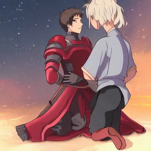 Image similar to detailed art of knight kneeling before a beautiful princess, anime ufotable