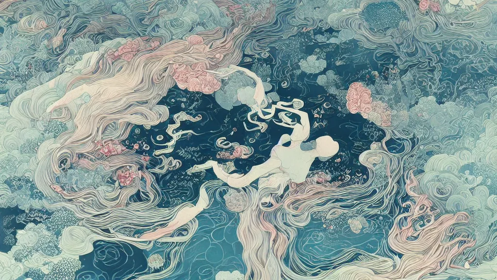 Prompt: harmony of swirling serene landscape james jean and victo ngai