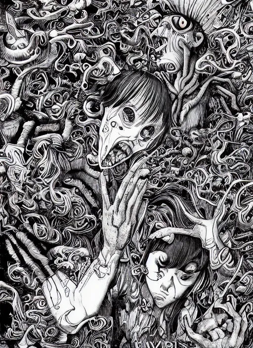 Image similar to junji ito and james jean artwork