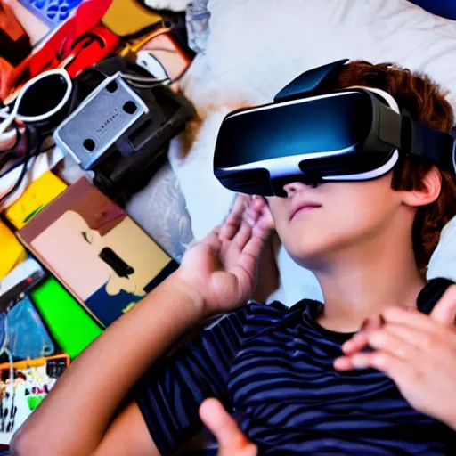 Prompt: a full-shot stock photo of a boy laying in bed with a bunch of stuff wearing a VR-headset, featured on flickr, cluttered