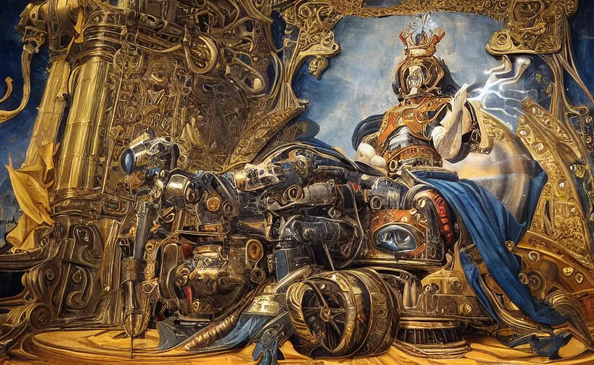 Image similar to beautifully painted mural of a mechanical cyborg king in ornate royal metallic fabric sitting in his royal throne room, piercing glowing eyes, sci fi scenery, fantasy setting, mural in the style of sandro botticelli, caravaggio, albrecth durer