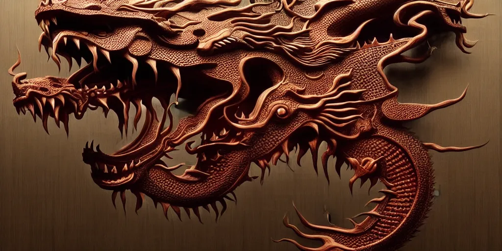 Prompt: a Chinese dragon art by Daniel Dos Santos, Beksinski, Giger, intricate colourfully painted carved wood paneling, lighting, ivory and copper , artstation