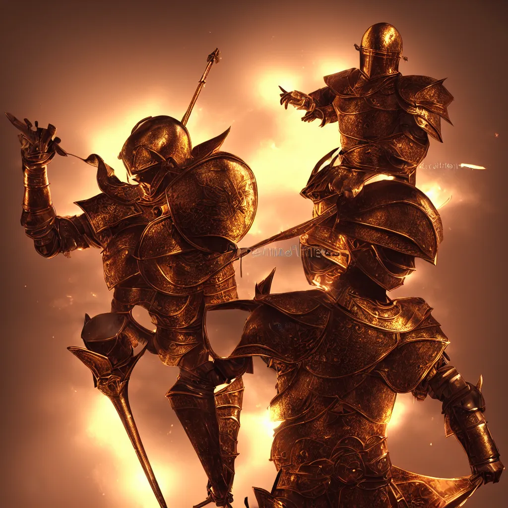 Image similar to of a 3 d rendering realistic illustration of a knight character that has a helmet that is made of copper and gold, beautiful sculpted details, cinematic lighting, this knight is a war lord who roamed the fields in many battles, there is a faint red aura to him displaying a lot of power, volumetric lighting