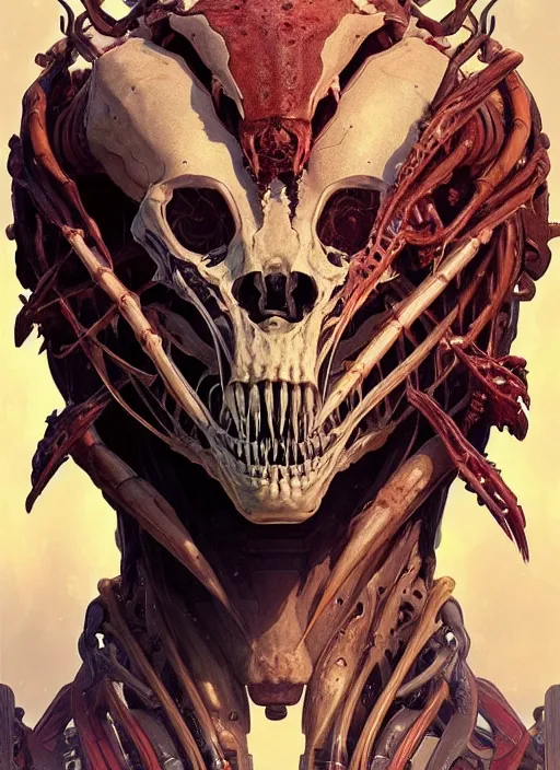 Image similar to asymmetrical!! portrait of an alien with bones and guts forming its face, machine face, intricate, elegant, highly detailed, digital painting, artstation, concept art, smooth, sharp focus, illustration, art by artgerm and greg rutkowski and alphonse mucha, horizon zero dawn 8 k,