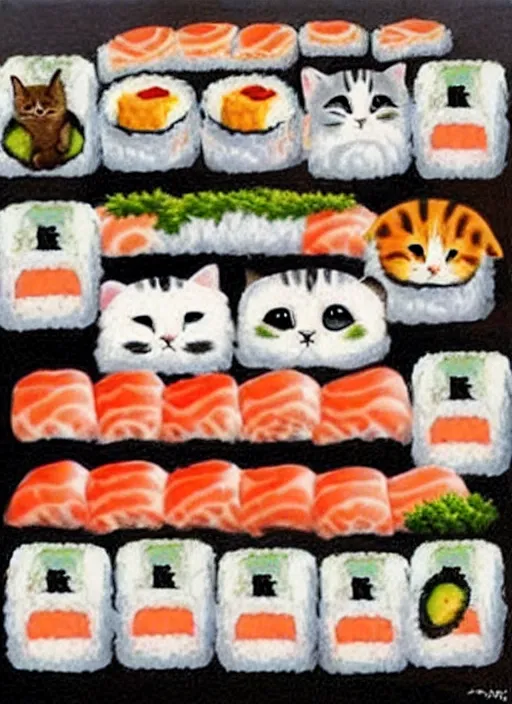 Image similar to clear photorealistic picture of adorable cats made out of sushi