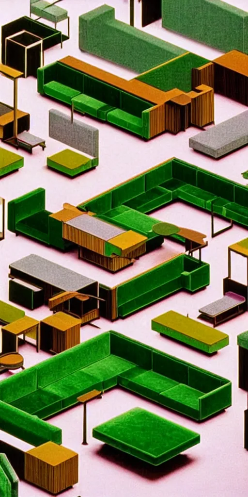 Image similar to huge sprawling gargantuan angular dimension of infinite indoor landscape 7 0 s green velvet and wood with metal office furniture. surrealism, mallsoft, vaporwave. muted colours, 7 0 s office furniture catalogue, shot from above, endless, neverending epic scale by escher and ricardo bofill