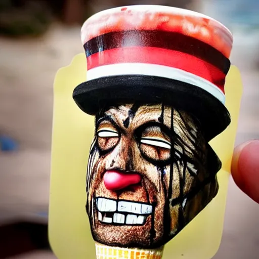 Image similar to freddy kruger face on an ice cream with a stick from ice cream truck, realistic photography, high detailed