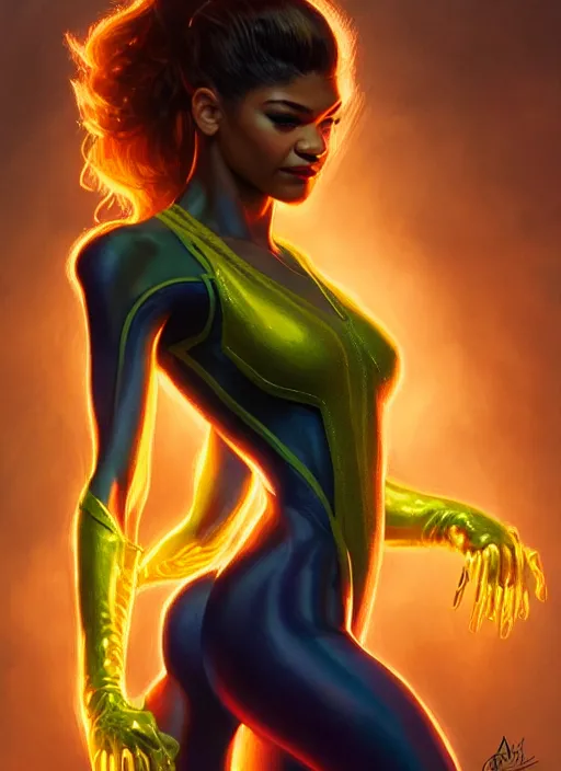 Image similar to zendaya as skrull queen, intricate, elegant, glowing lights, highly detailed, digital painting, artstation, glamor pose, concept art, smooth, sharp focus, illustration, art by artgerm and greg rutkowski, artey freytag