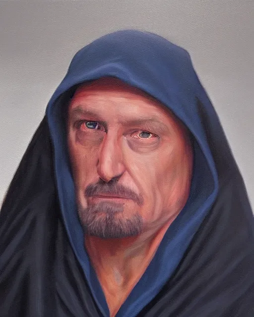 Image similar to oil painting portrait of a man in dark robes, hooded, made by greg rukowtski, fantasy, moodly