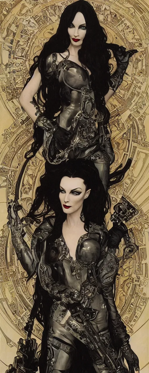 Prompt: a beautiful and captivating art nouveau industrial style portrait of morticia adams as a heavy metal rebel soldier by chris achilleos, travis charest and alphonse mucha, mixed media painting, photorealism, extremely hyperdetailed, perfect symmetrical facial features, perfect anatomy, ornate declotage, circuitry, technical detail, confident expression