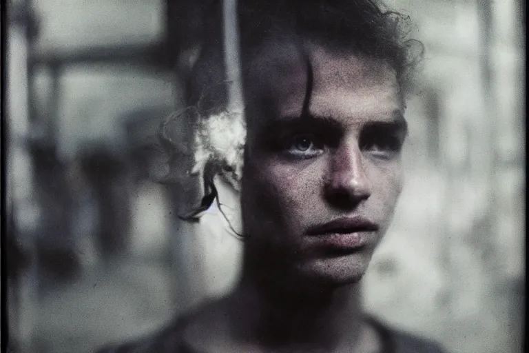 Image similar to a cinematic!! headshot photograph!! of a male, stood in a factory, dirt, film still, cinematic lighting, by bill henson, jeremy mann