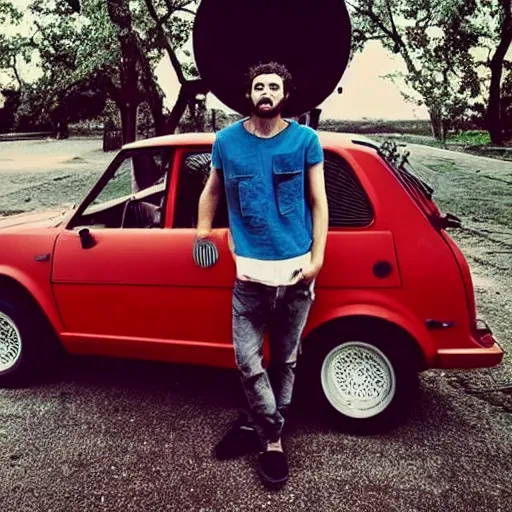 Prompt: aesthetic photo of a guy with curly hair and colored clothes holding a big black speaker in front of a raw of parked Fiat Uno 70s style hippie. Interlaced picture. Instagram post. Vintage.