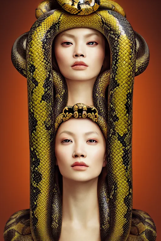 Image similar to a beautiful empress portrait, with a brilliant, impossible striking big Snake headpiece, clothes made of snakes, everything snakes, boa, symmetrical, dramatic studio lighting, rococo, baroque, greens, asian, hyperrealism, closeup, D&D, fantasy, intricate, elegant, highly detailed, digital painting, artstation, octane render, 8k, concept art, matte, sharp focus, illustration, art by Artgerm and Greg Rutkowski and Alphonse Mucha