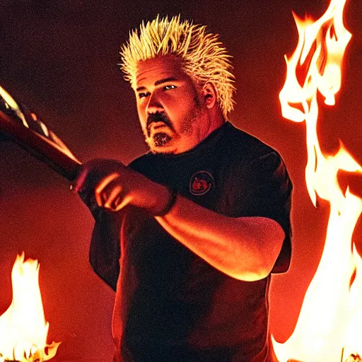 Prompt: Guy Fieri cooking in Stranger Things, cinematic lighting, cinematic, smoke, flame