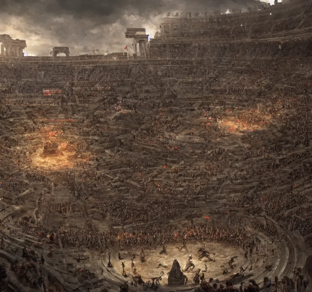 Prompt: Roman Gladiator at battle in a giant coliseum filled with cheering fans, wide angle shot, Flags on pillars , cinematic lightning, medium shot, mid-shot, highly detailed, trending on artstation, Unreal Engine 4k, cinematic, very highly Detailed, digital, HDR, Kodak Ektar, wide-angle lens, 3D concept art by Greg Rutkowski, Gary Houston, Stephan Martiniere and Alexander Fedosav