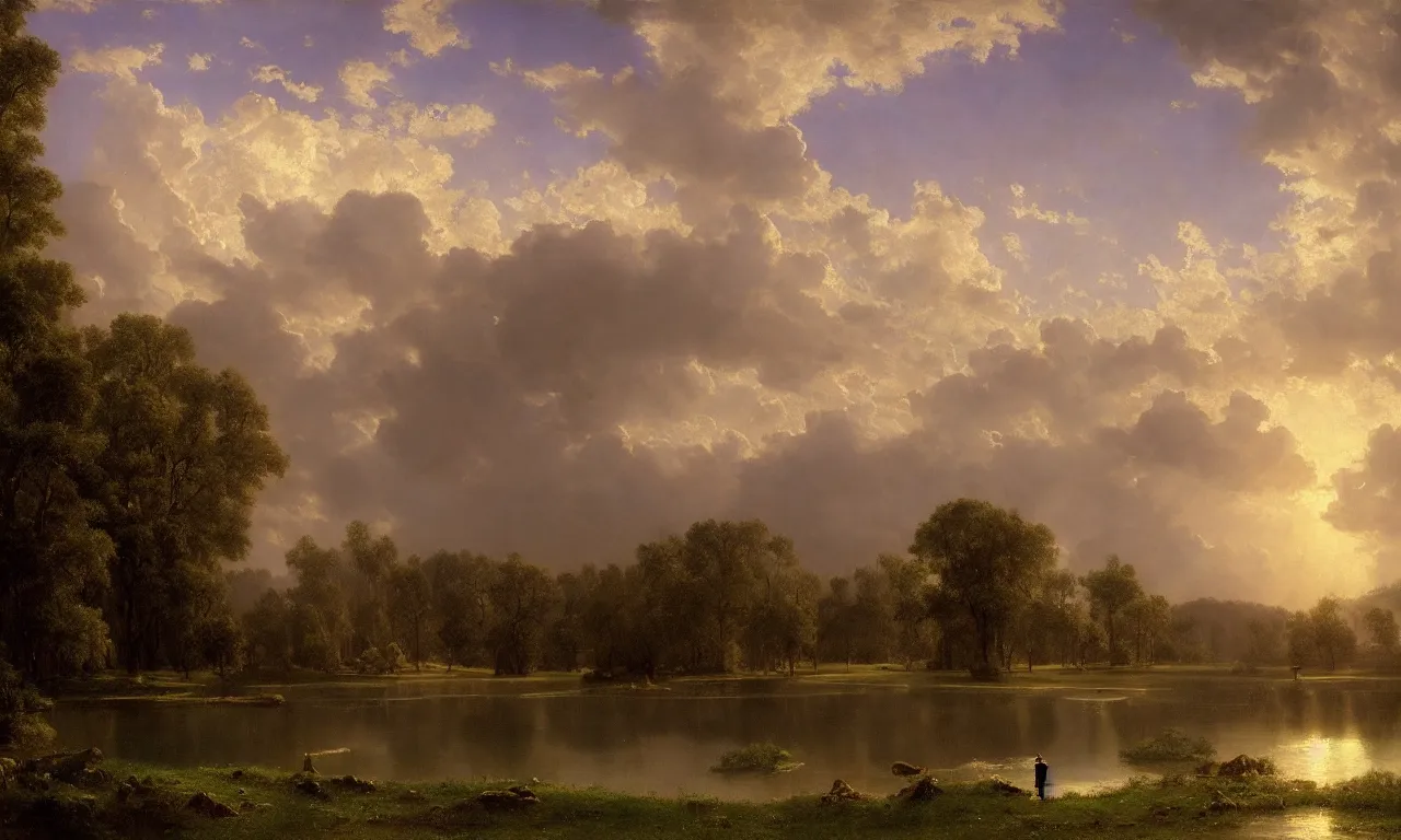 Image similar to beautiful illustration of chateau in a serene landscape, by albert bierstadt, magic realism, narrative realism, beautiful matte painting, heavenly lighting, retrowave, 4 k hd wallpaper