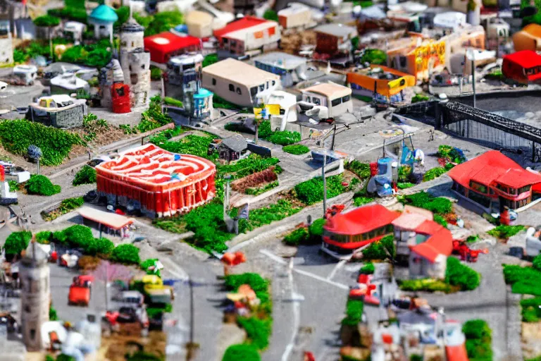 Prompt: miniature town made of sushi, tilt shift photography, diorama picture, 5 5 mm, trending on art station