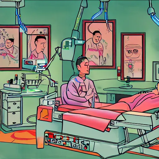 Image similar to chinese surgery operating table, in the style of daniel johnston and simon stålenhag and outsider art, 8k, line brush, overlaid with chinese adverts