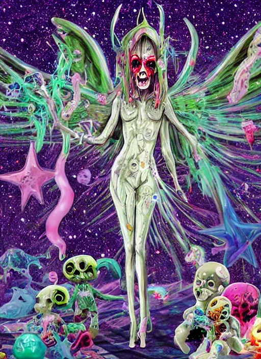 Prompt: a suited zombie angel spirit being, covered with pastel glitter glue slime, fashion model pose, full body maximalist cosmic eldritch character design, early computer graphics by dan mumford, surrounded by stars and jester plushies, realistic light and shadow effects, maximalist background