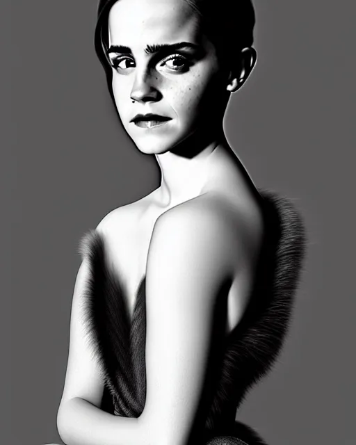 Prompt: Emma Watson wearing an evening gown, vera wang couture, very detailed portrait, ultrarealistic, dramatic lighting, electrical details, high details, 4k, 8k, best, accurate, trending on artstation, fur, artstation, photorealism, ultrarealistic, digital painting, style of Dali, Caravaggio, Boris Vallejo