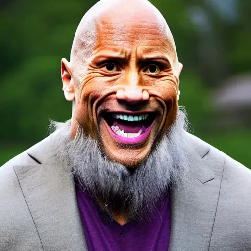 Image similar to dwayne johnson as an old druid wizard, bald, bushy grey eyebrows, long grey hair, disheveled, wise old man, wearing a grey wizard hat, wearing a purple detailed coat, a bushy grey beard, sorcerer, he is a mad old man, laughing and yelling