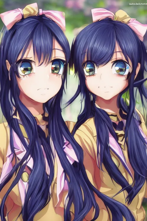 Prompt: a stare down between two beautiful rival female idols, twin tails, detailed anime art