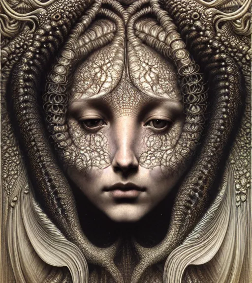 Prompt: detailed realistic beautiful glowing goddess face portrait by jean delville, gustave dore, iris van herpen and marco mazzoni, art forms of nature by ernst haeckel, art nouveau, symbolist, visionary, gothic, neo - gothic, pre - raphaelite, fractal lace, intricate alien botanicals, biodiversity, surreality, hyperdetailed ultrasharp octane render