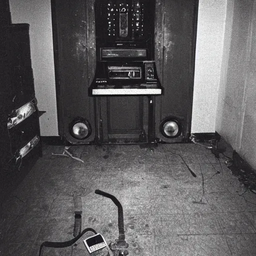 Prompt: cursed Photograph of an old number station playing an emergency warning, dust in the air, brown wood cabinets, SCP, taken using a film camera with 35mm expired film, bright camera flash enabled, award winning photograph, sleep paralysis demon crabwalking towards camera, creepy, liminal space, in the style of the movie Pulse