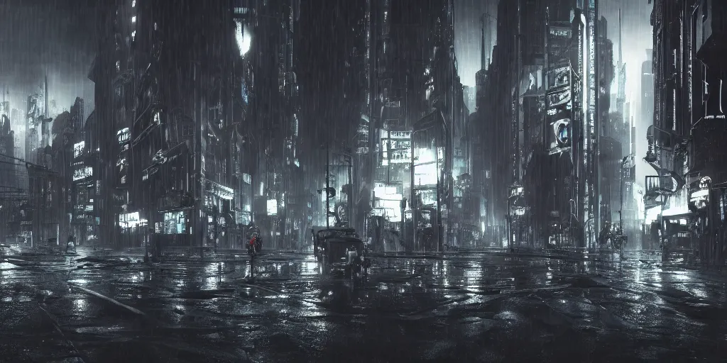 Image similar to uncanny valley, dark grotesque nocturne cyberpunk city, armed and dangerous, night, rain, black, grey, white, realistic 4 k octane beautifully detailed render, 4 k post - processing, highly detailed, intricate complexity, epic composition, magical atmosphere, cinematic lighting, masterpiece, ultra hd