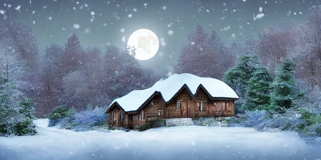 Prompt: a cottage in a snowy landscape, forest in background, full moon, digital art