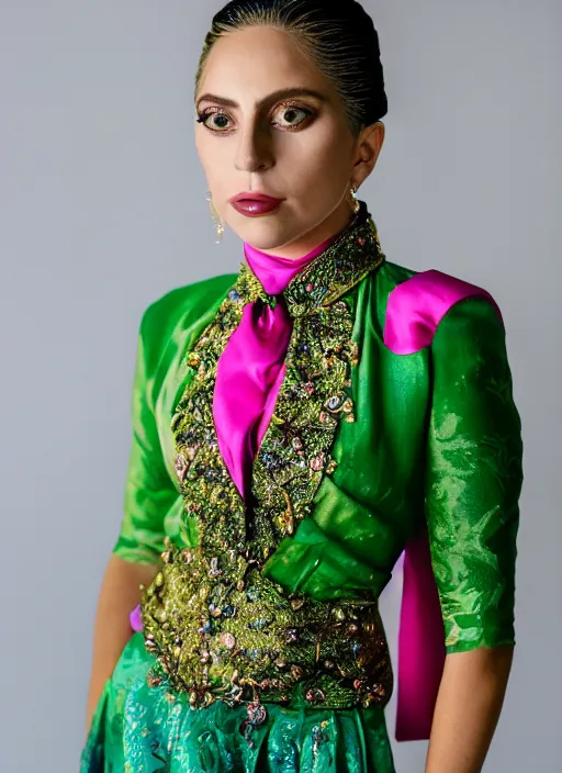 Image similar to portrait of lady gaga wearing green kebaya with pink silk belt and batik skirt, by charlotte grimm, natural light, detailed face, beautiful features, symmetrical, canon eos c 3 0 0, ƒ 1. 8, 3 5 mm, 8 k, medium - format print, half body shot