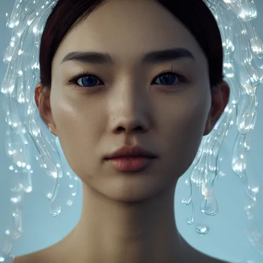 Image similar to intricate highly detailed face portrait of asian - european woman, light transparent water vines on her face, intricate, cgsociety, unreal engine, octane render, sharp focus, smooth, volumetric lighting, cinematic composition, artstation c 1 0. 0