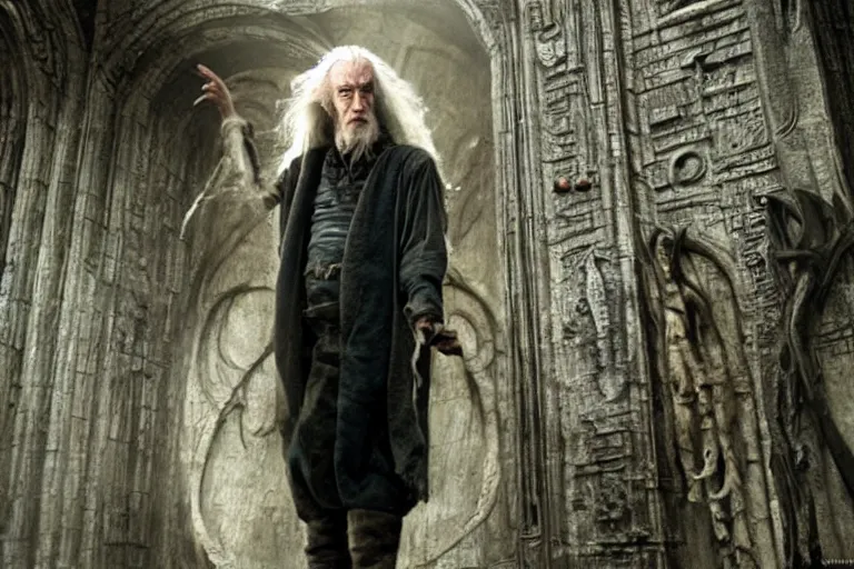 Image similar to lance henriksen as gandalf stood outside orthanc, style of h. r. giger, directed by david fincher, muted tones, detailed